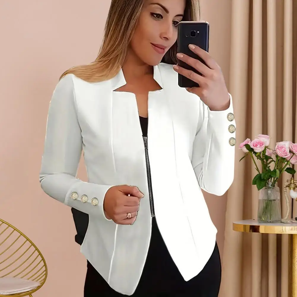 

Women Suit Jacket Notched Collar Long Sleeve Zipper Placket Business Suit Coat Solid Color Spring Outwear Women's Clothing