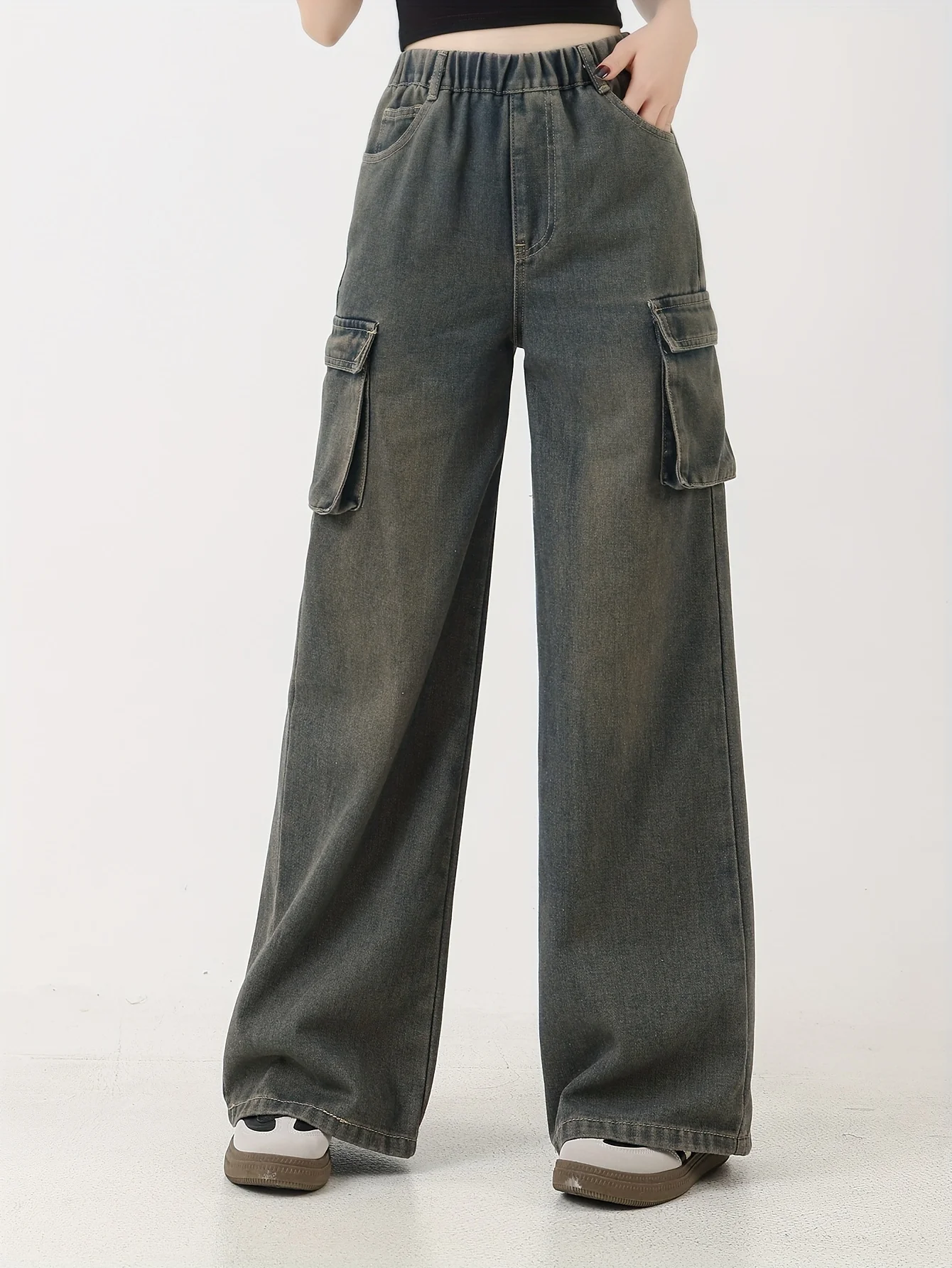 

Teenage Girls Wide Leg Jeans Loose Long Straight Retro Wash Casual Denim Pants with Big Pockets plus Size Kids