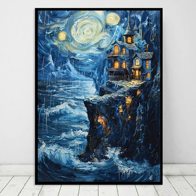 Cliff House with Starry Sky At Night Poster Print Raging Sea Scenery Canvas Painting Blue Wall Art Picture LivingRoom Home Decor