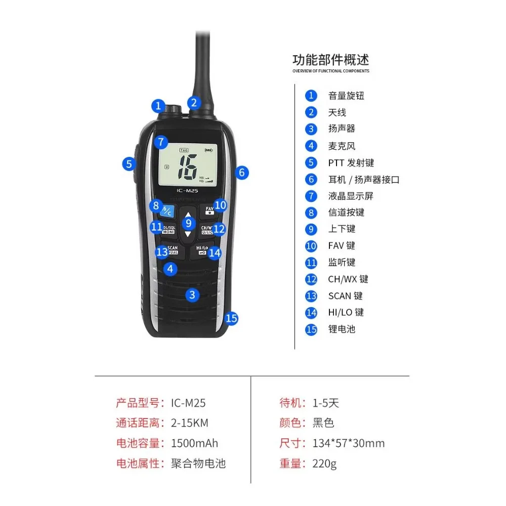 IC‑M25 Handheld Marine VHF Transceiver, Floating IPX7 Waterproof Two‑Way Radio For Maritime Ship Communication Equipment