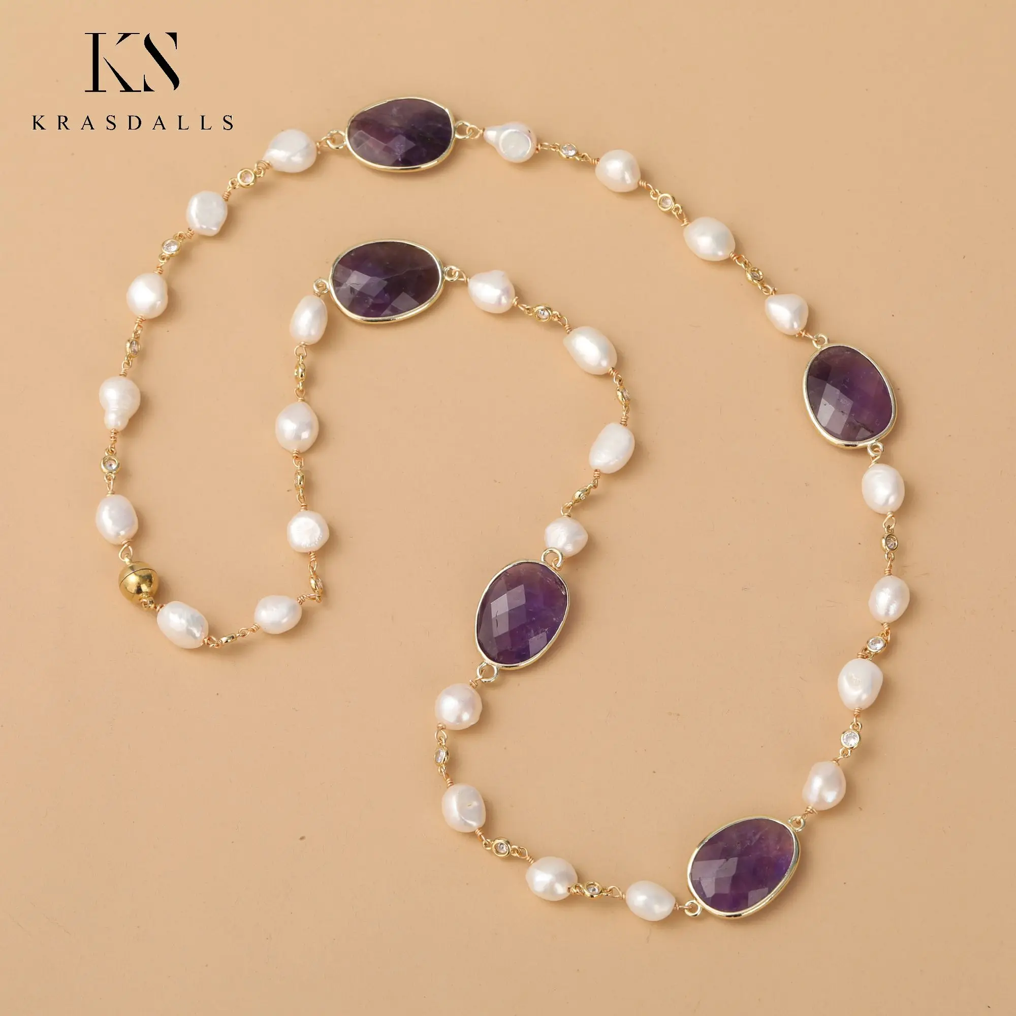 

Amethyst Charm Rosary Chain Natural Pearl Bead Zircon Necklace Fashion Jewelry Party Gift Dropshipping