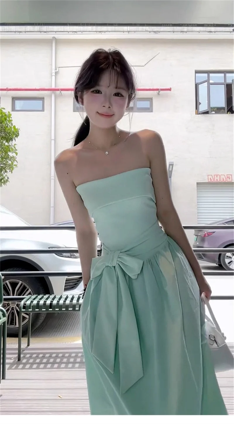 2025년 여름 아동용 그린 원숄더 스트랩리스 드레스, 여성 허리 조절 롱 스커트 포함 비치 휴가룩