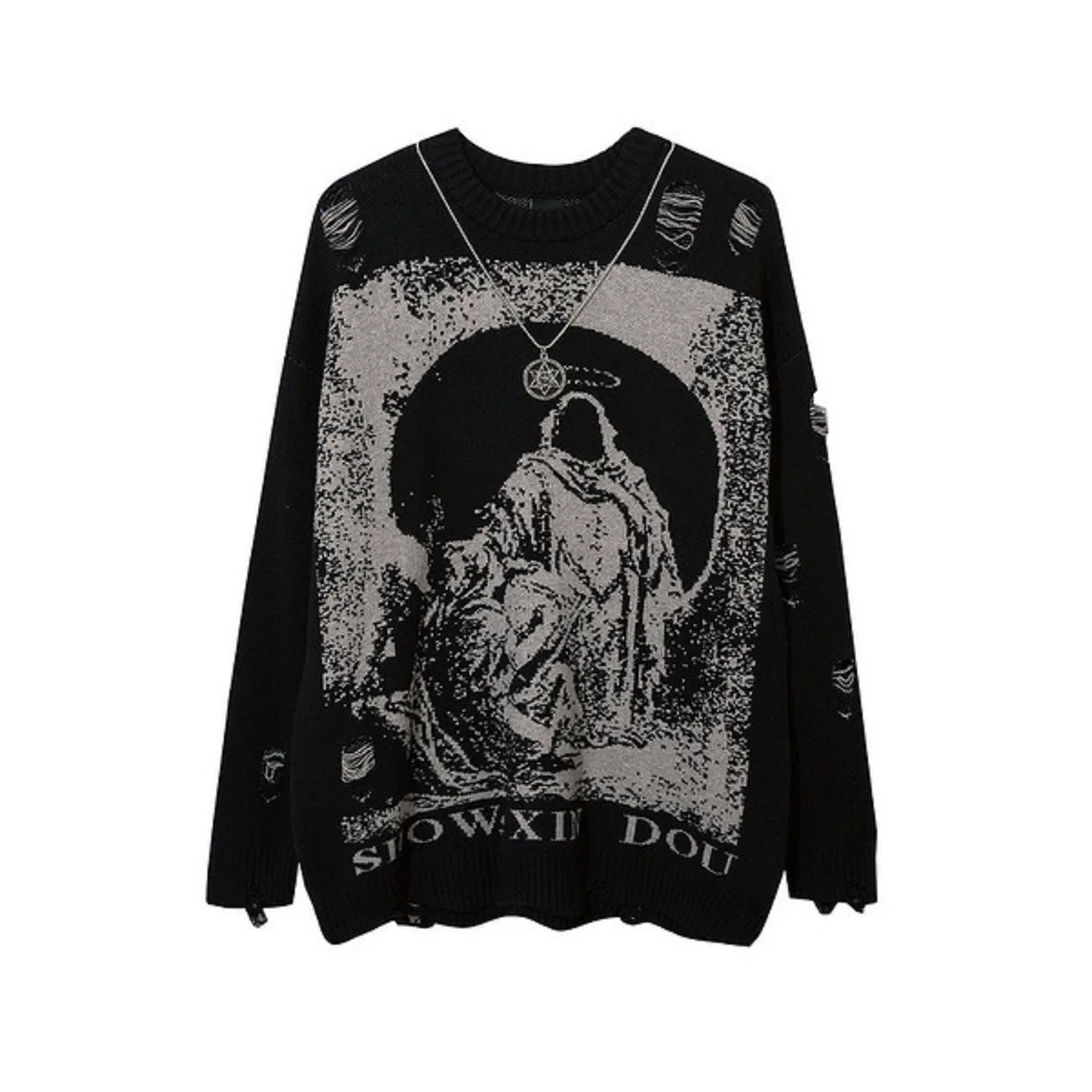 

Unisex Harajuku Print Oversized Ripped Knit Pullover Sweater Streetwear Hip Hop Style