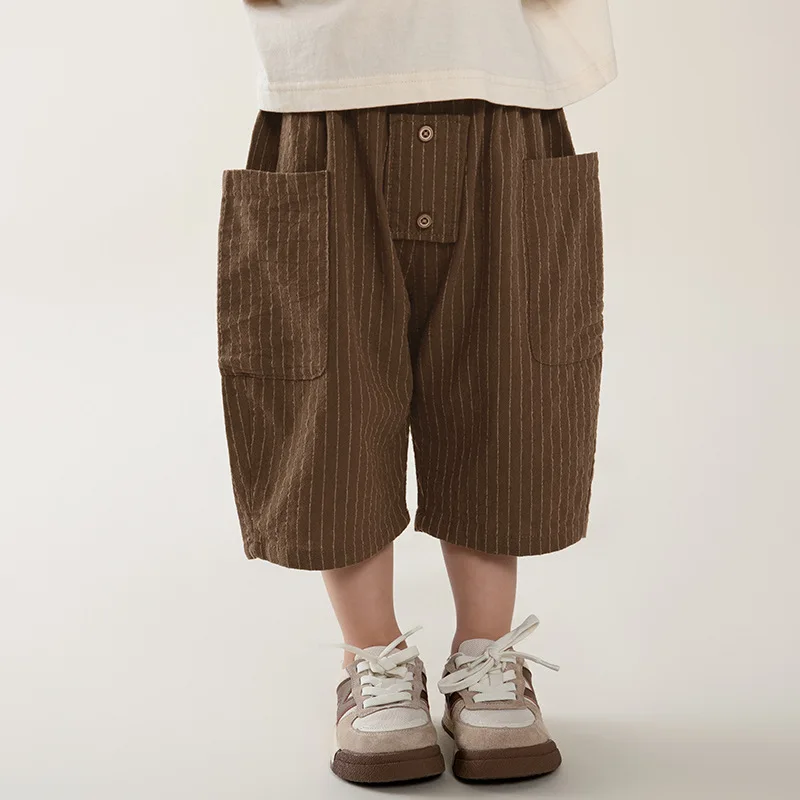 New Summer Vertical Stripes Shorts for Boys Big Pockets Thin Style Calf-length Pants Children's Outwear Short Pants Summer Wear