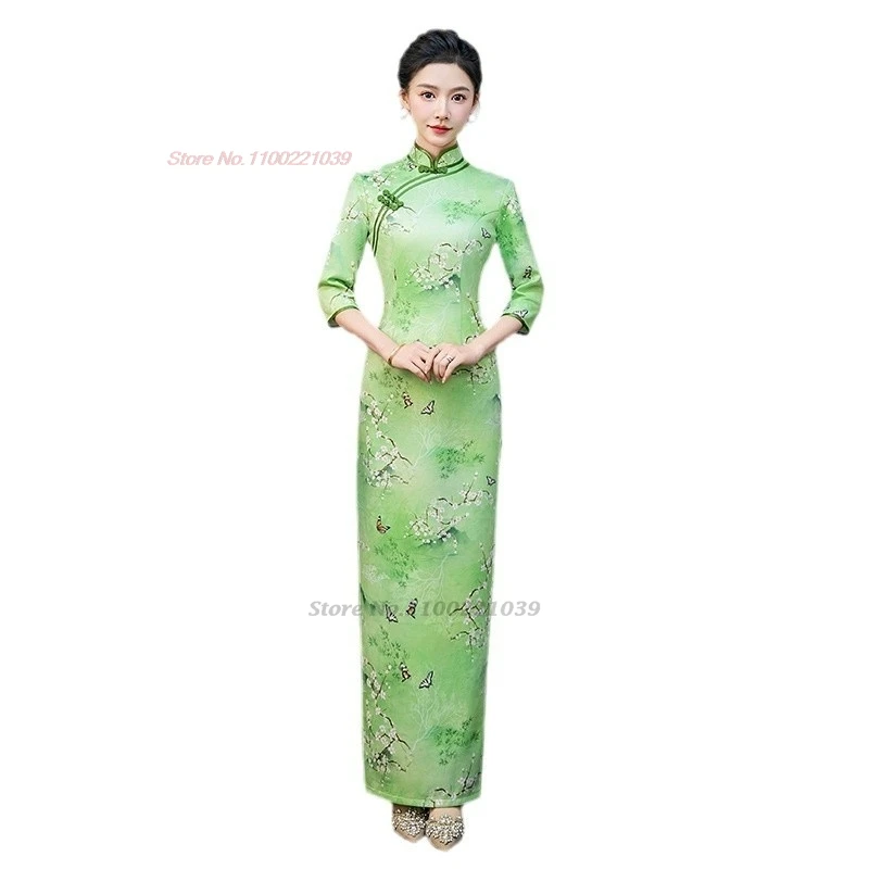 Vestido formal con estampado de flores nacionales, qipao chino mejorado, puesta en escena, cheongsam, banquete oriental, vestido qipao de noche, 2024