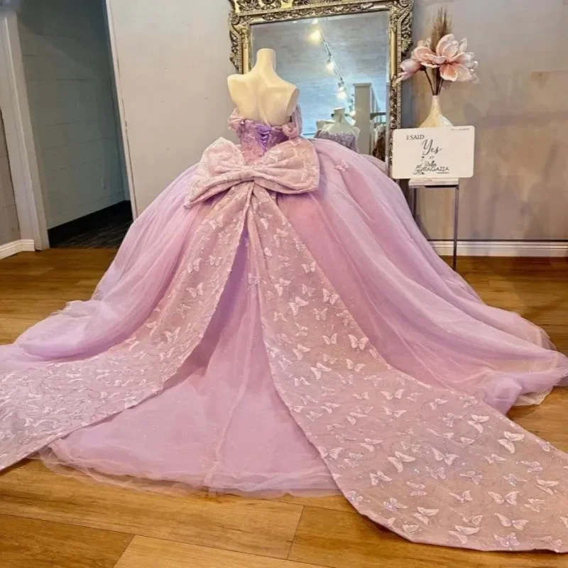 Bonitos apliques De mariposa, vestidos De quinceañera lila con hombros descubiertos, Vestido De baile con lazo grande, Vestido De fiesta De cumpleaños De tul De 15 anos