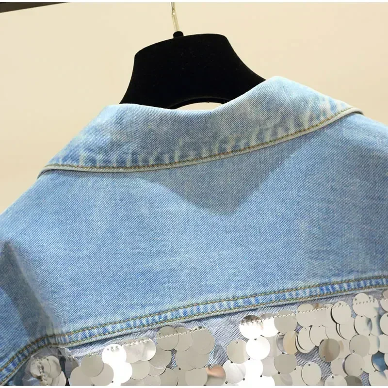 Plus Size Harajuku Back Sequins Short Denim Jackets 3Xl 4Xl Women Light Blue Three Quarters Sleeve Bomber Jackets Mom Jean