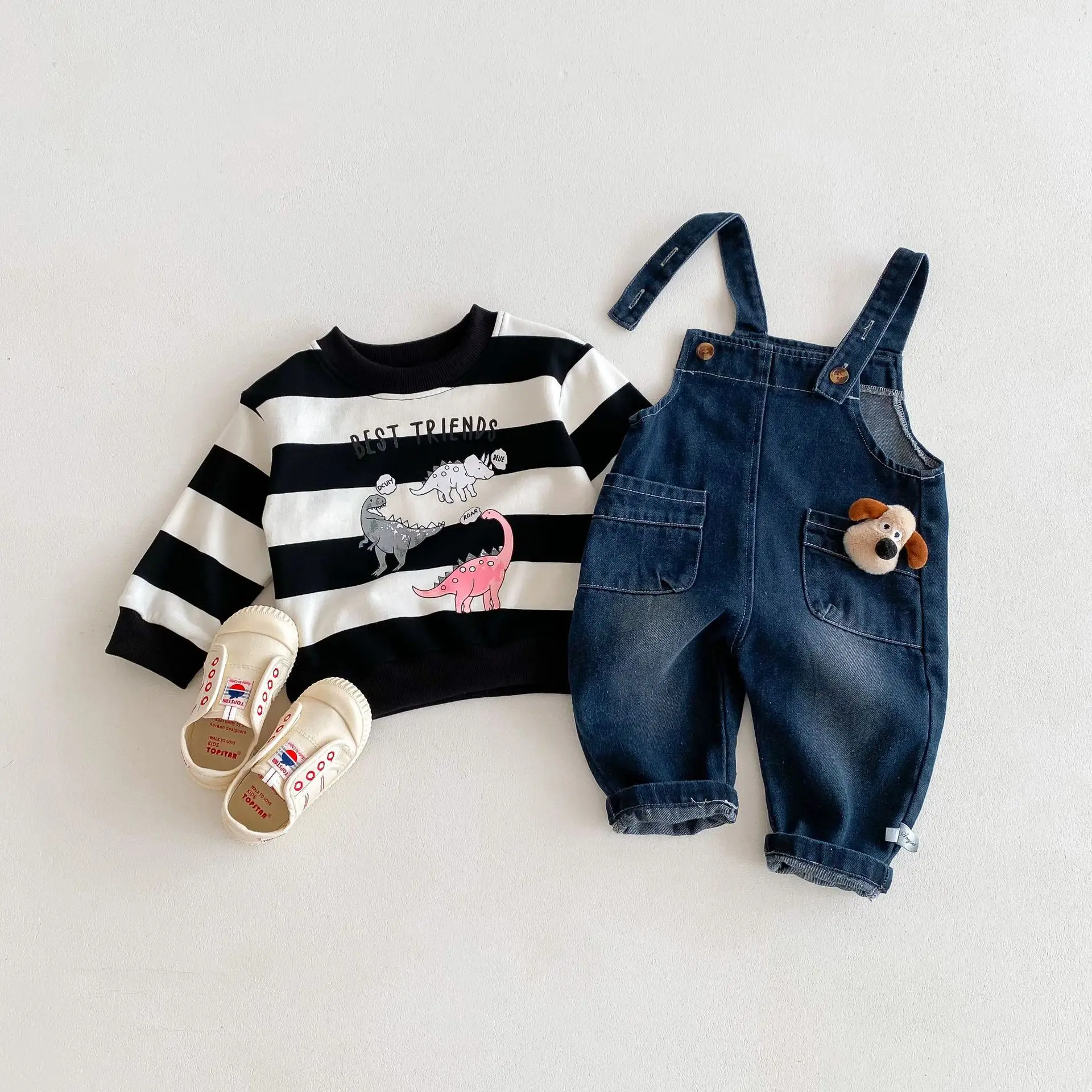 Autumn Korean Baby Boys Suspender Pants Denim Cartoon Dog Pocket Infant Boys Overalls Loose Versatile Toddler Boys Outfits