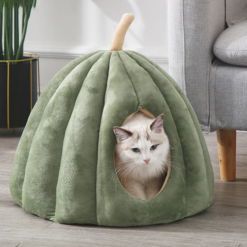 Enclosed Cat Nest Winter Warm Cat Bed Pumpkin Shape Pet Sleeping House for Cats Comfortable Washable Cat Sleeping Bed Pet Supply