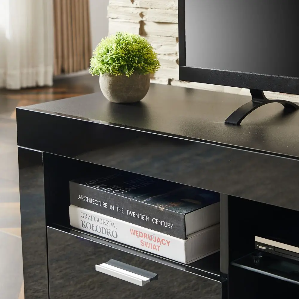 Black Morden TV Stand with LED Lights, High Glossy Front TV Cabinet, Can be Assembled in Lounge Room, Living Room or Bedroom