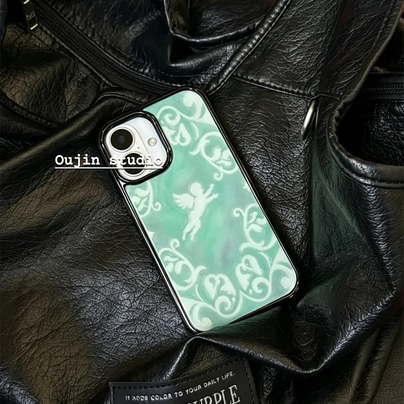 Mint Green Baroque Pattern Angel Black Border Drip Glue Phone Case For iPhone 17 Air 16 Pro Max 15 14 Plus 13 12 11 Back Cover view 3