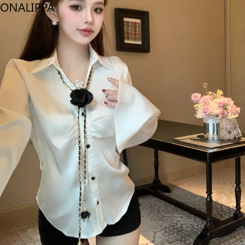 Onalippa Light Luxury High-end Flower Women Shirt Turn Down Collar Single Breasted Shirts French Style Metal Chain Blouse