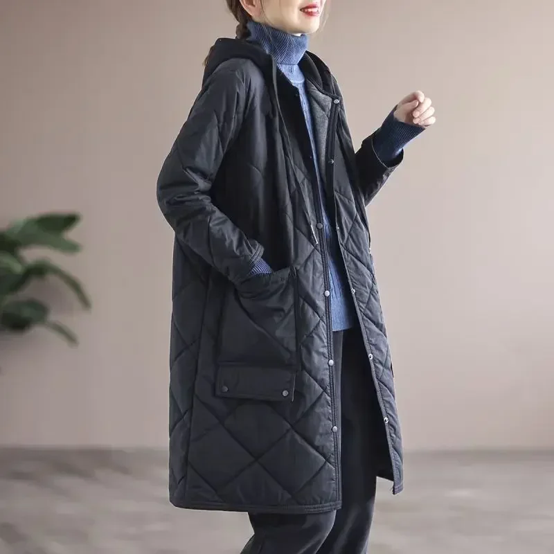 Winter Oversized 4xl Hooded Single-breasted Big Pocket Mid Length Women Coats Vintage Lightweight Warm Outwear New Loose Jackets