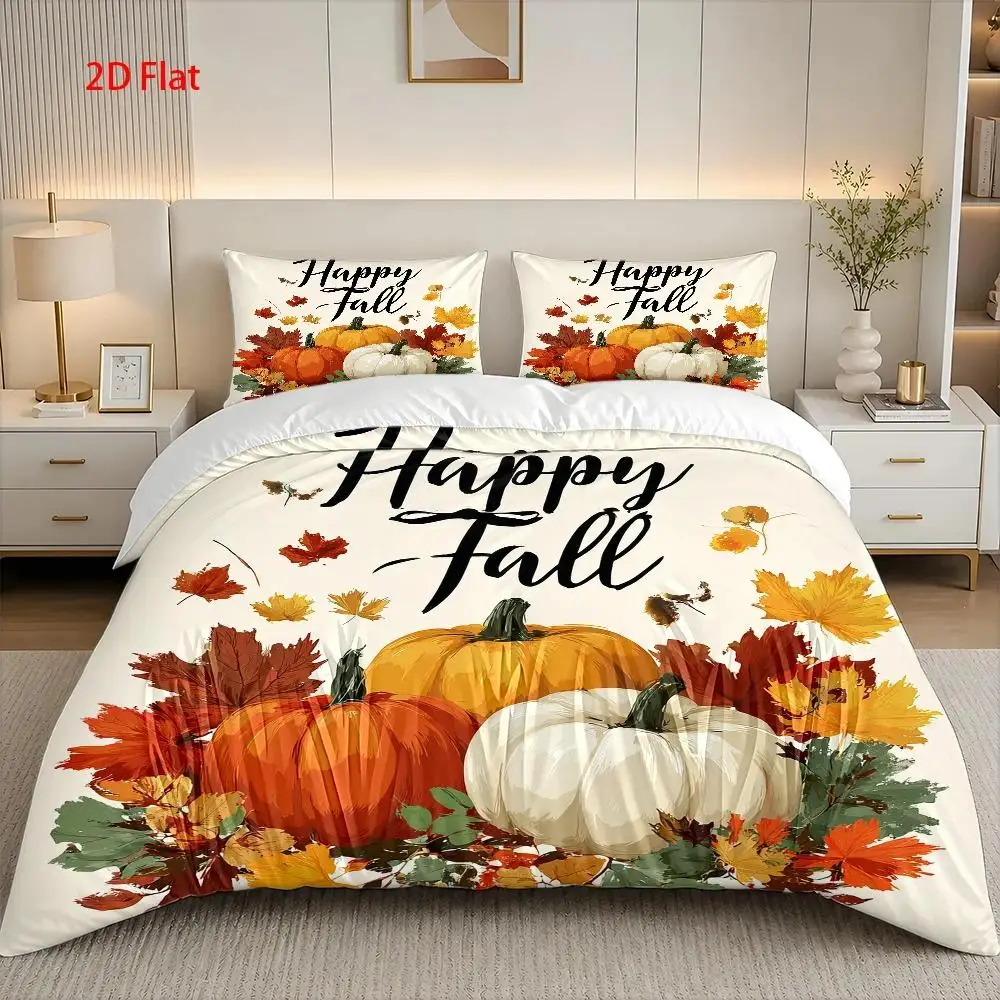 Soft Duvet Cover Set of Three, 2D Flat Printed Duvet Cover Set of Three, Duvet Cover Set of Three, Pumpkin and Fallen Leaf Themed Pattern, Hand-Painted Style, Suitable for Thanksgiving and All Seasons, Machine Washable, Invisible Zipper, Large Duvet Cover Set, Bedding Set Quilt Cover