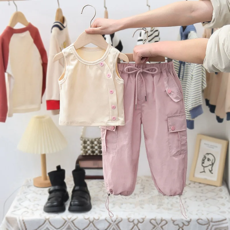 

Summer New Girls' Casual Pants Set Children's Girls Cotton Round Neck Button Tank Top Drawstring Loose Trousers Two Piece Set