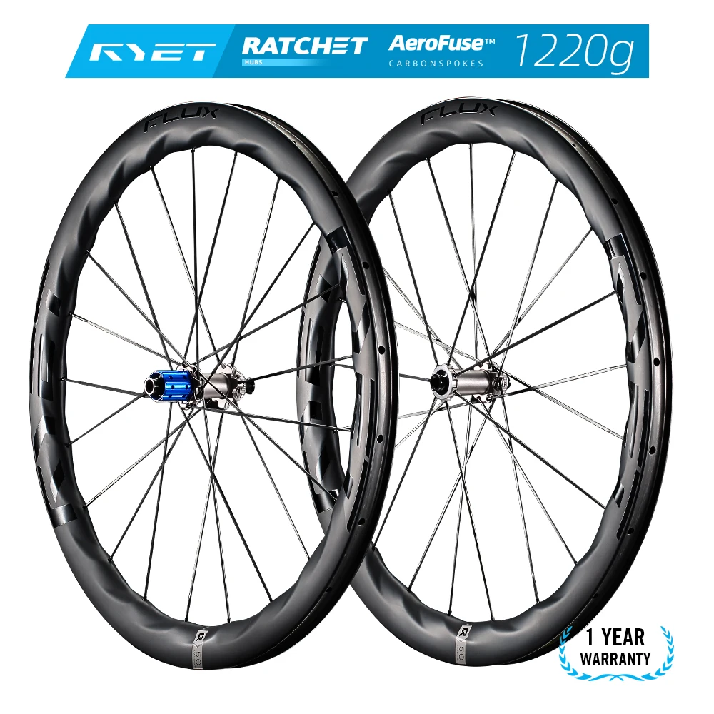 RYET FLUX 1220g Carbon Road Wheelset Wavy Rim 50/60mm 60T Ratchet Ceramic Hub Carbon Spokes Tubeless Disc Brake Aero Racing
