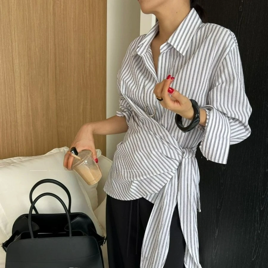 

Striped Turn-down Collar Striped Long Sleeved Tied Shirt for Autumn
