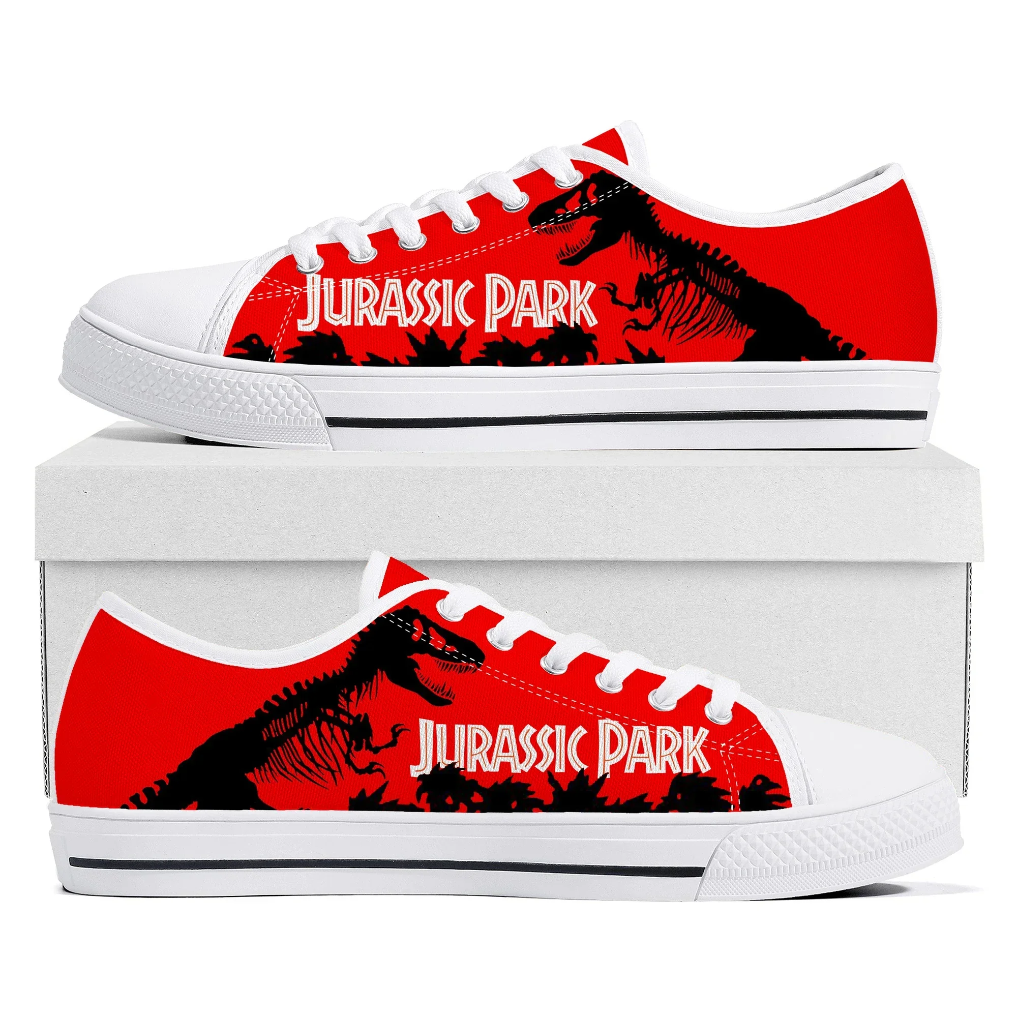 Dinosaur World Cartoon Jurassic Park Zapatillas bajas de alta calidad para hombre, mujer, adolescente, zapatillas de lona, par de zapatos, zapato personalizado