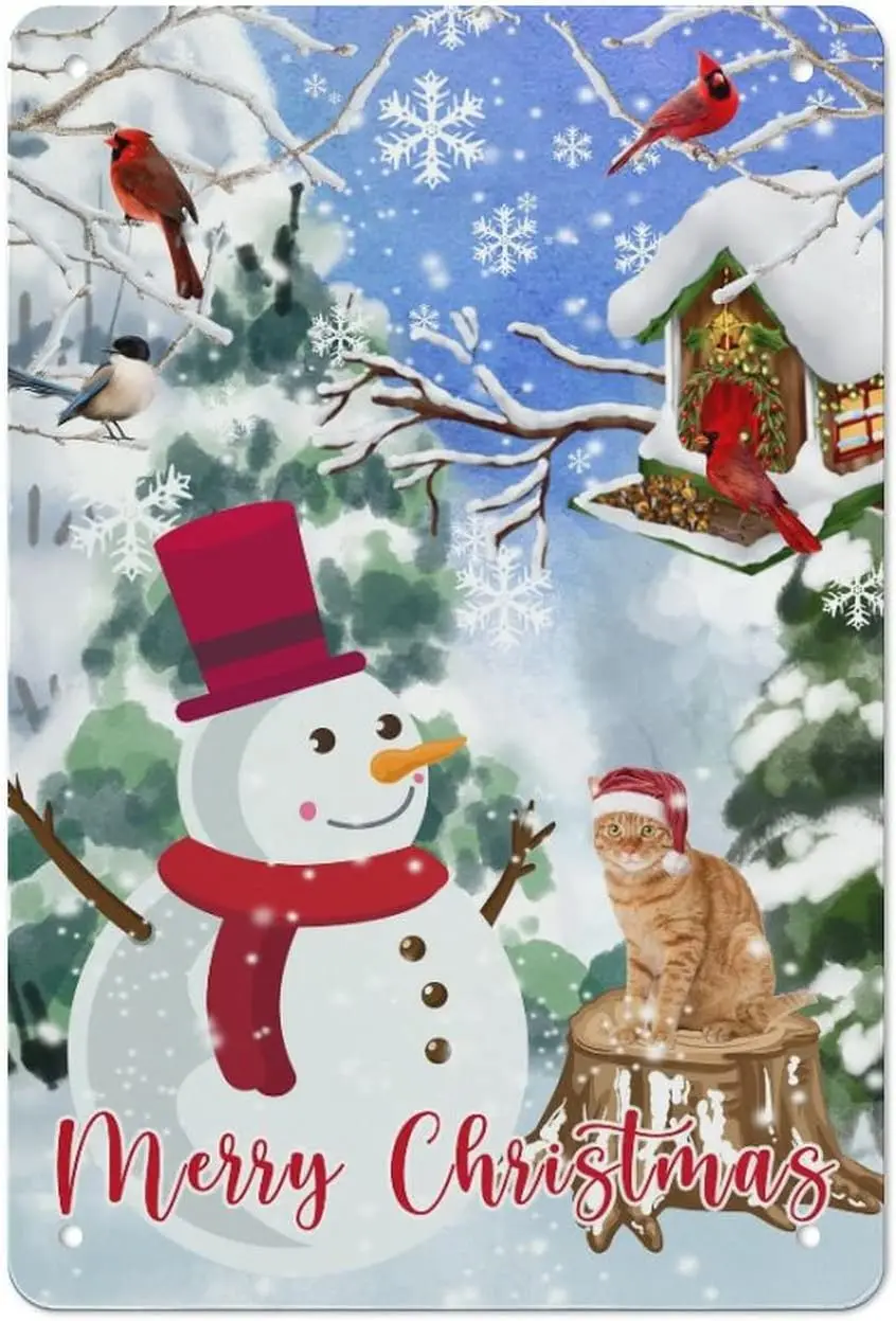 Christmas Let It Snow Snowman and Cat Plaques Snowman Display Metal Tin Sign Xmas Tree Sign Plaque for Home Cafe Bar Wall Art De