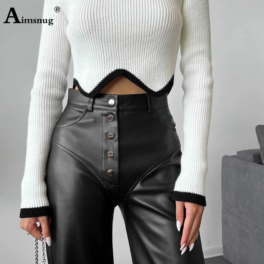 Women High Cut Fashion PU Leather Straight Pants 2025 American And Europe Sexy Bottons Fly Legging Lady Faux Leather Outfits New