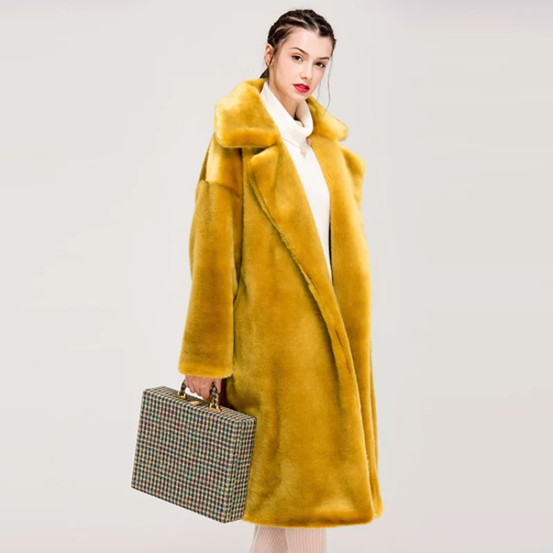 Autumn New Women's Eco Fur Long Notch Lapel Loose Elegant Commuter Faux Fur Coat