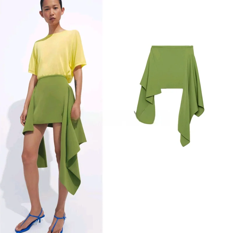 

Summer New Women's Vacation Style Zipper mid Waist Asymmetric Hem Short Half Skirt Irregular Standard Polyester Fiber