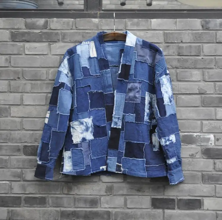 Traditional Handmade Blue Dyed Patchwork Japanese Robe Plant Indigo Persimmon Dyed Patchwork Vintage Trendy Men's Jacket Coat