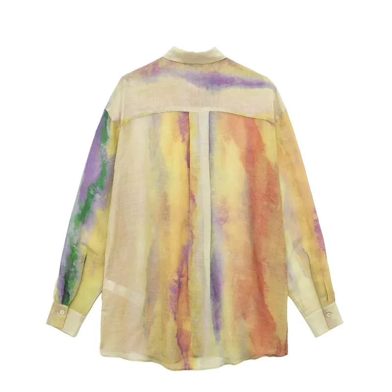 TRAF Tie Dye Long Shirt Women Semi Transparent Button Up Shirt Women Long Sleeve Top Female Loose Summer Blouses Woman 2023