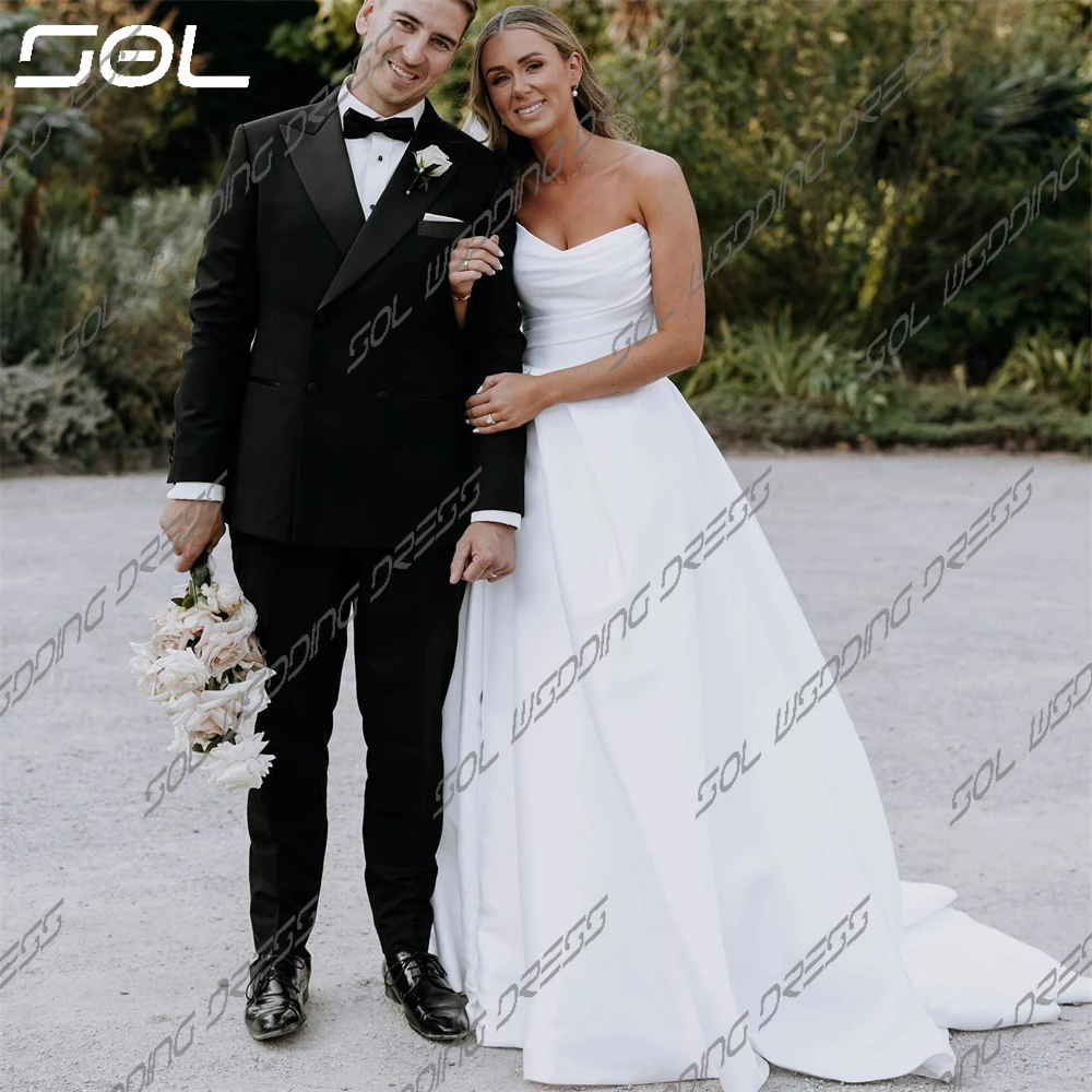 Simples vestido de casamento plissado cetim, trem longo destacável, colher colarinho, elegante vestido nupcial sereia sem encosto