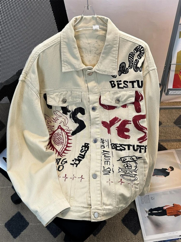 

Vintage Loose Denim Jacket Men's Street Graffiti Trendy Outerwear Spring Autumn Hip-hop Couples Graffiti Jeans Coat Chic