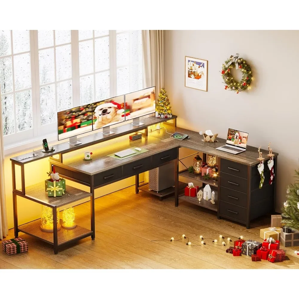 مكتب على شكل حرف L مقاس 79 بوصة، مكتب كمبيوتر على شكل حرف L مع مخرجين طاقة ورف شاشة، مكتب منزلي مع أرفف تخزين