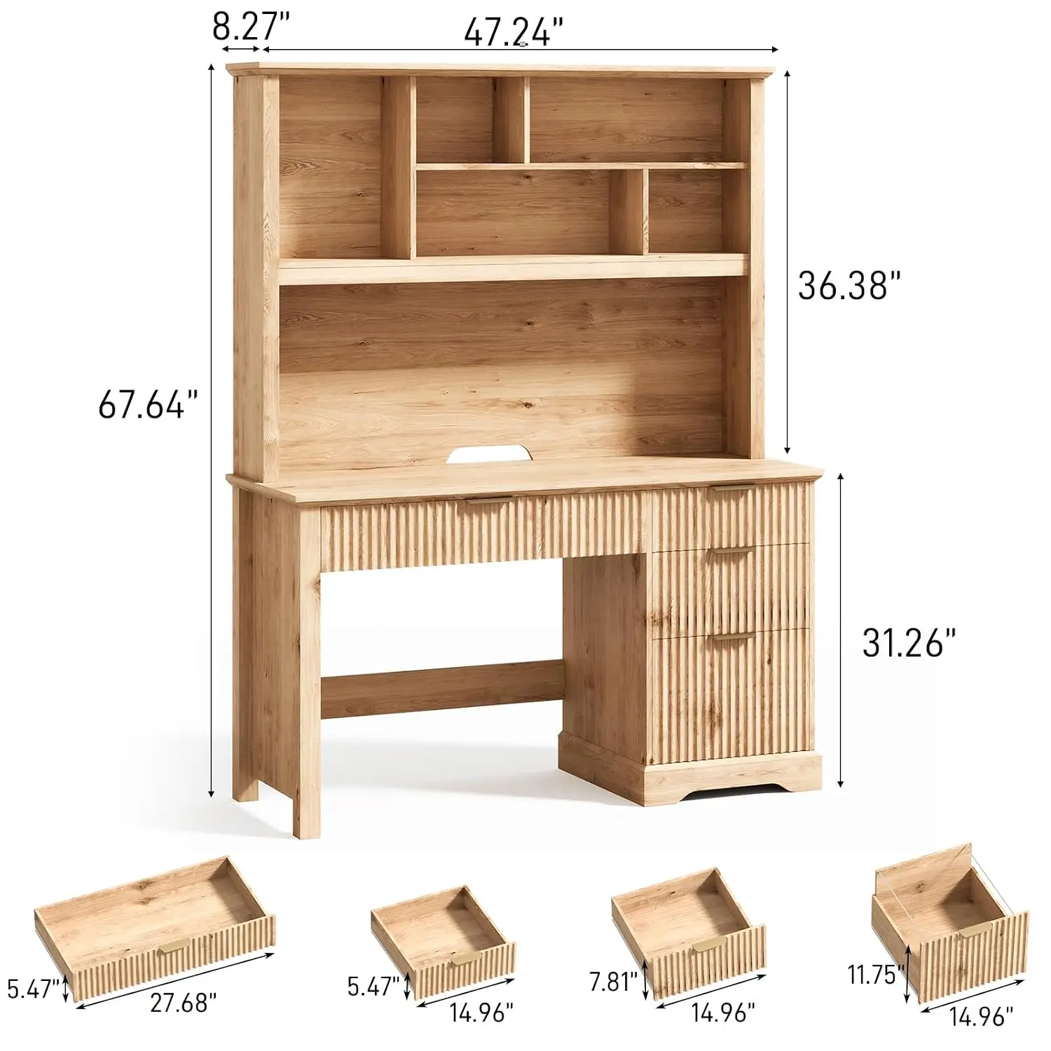 Fluted Computer Desk with Hutch, Wood Executive Desk with Ample File Drawer, Home Office Desk with Drawers for, Customized