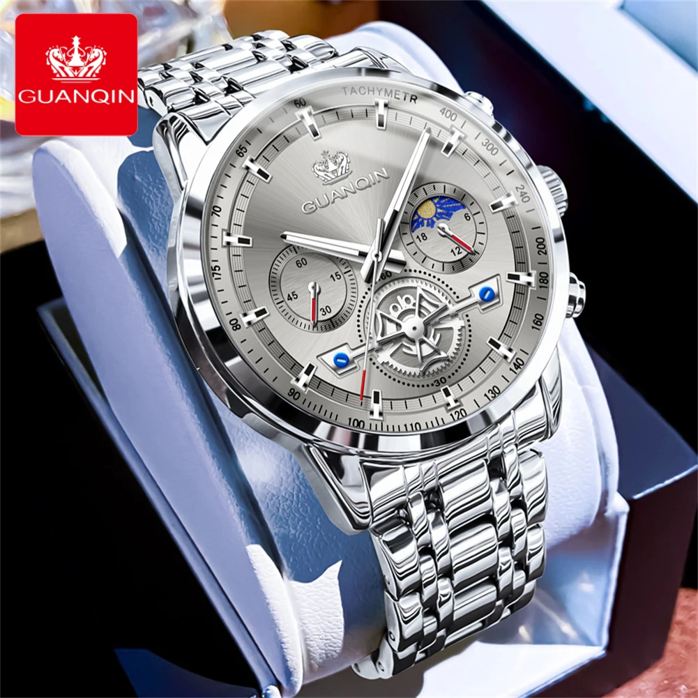 GUANQIN Men's Watches Trend Fashion Fine Steel Original Brand Quartz Wristwatch Flywheel Style Chronograph Moon Phase Waterproof