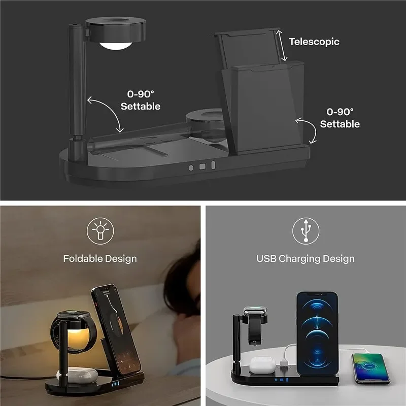 Foldable 3-in-1 Wireless Charger Stand With LED Night For iPhone 17~12 Apple Watch AirPods Pro or For Samsunng Galaxy Watch Buds - view 5