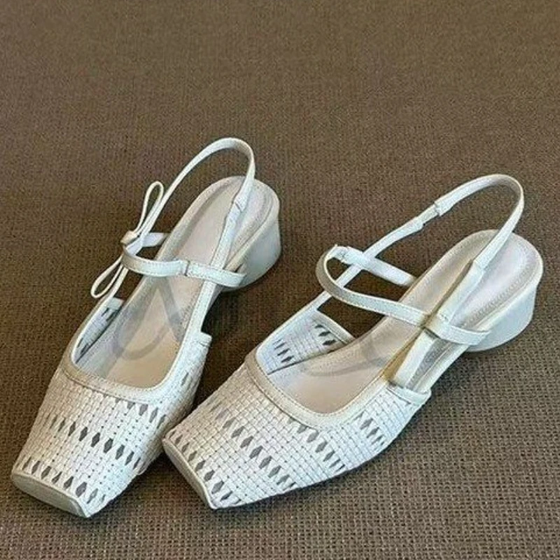 Sandal Hak Jaring Wanita Sepatu Hak Sedang Pita 2025 Sepatu Chunky Dangkal Ujung Persegi Mode Baru Musim Panas Slide Nyaman Berjalan Wanita