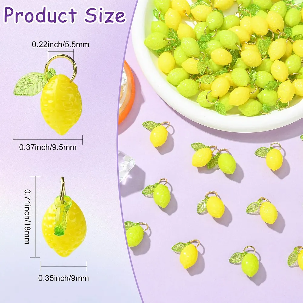 KitBeads 80pcs 2 Styles Acrylic Lemon Charms with Leaf Fruit Pendant Yellow Green for Jewelry Making Earring DIY Craft Supplies