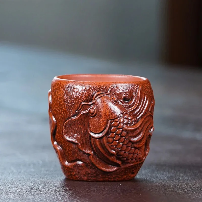 

120 мл Исинская фиолетовая глина, рельефная рыбка, чайная чашка, элегантная чайная чаша, пара чая, ароматическая чашка для дегустации чая, чашки Master, чайный сервиз, подарок