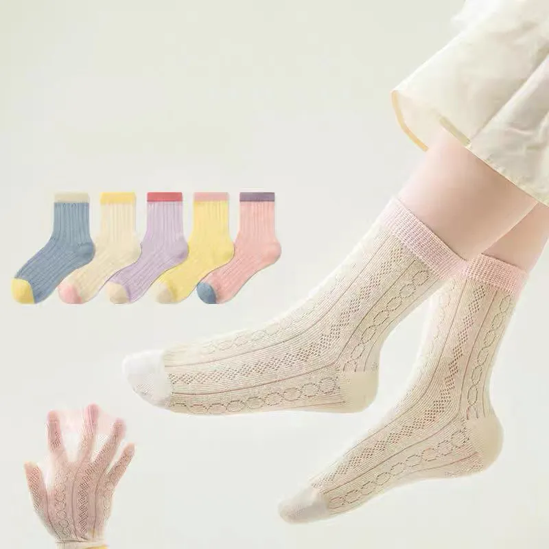 5Pairs  Ultra Thin Breathable Lightweight Mesh Socks Can Be Matched As You Like Simple Children's Socks Simple Style 1-16Years