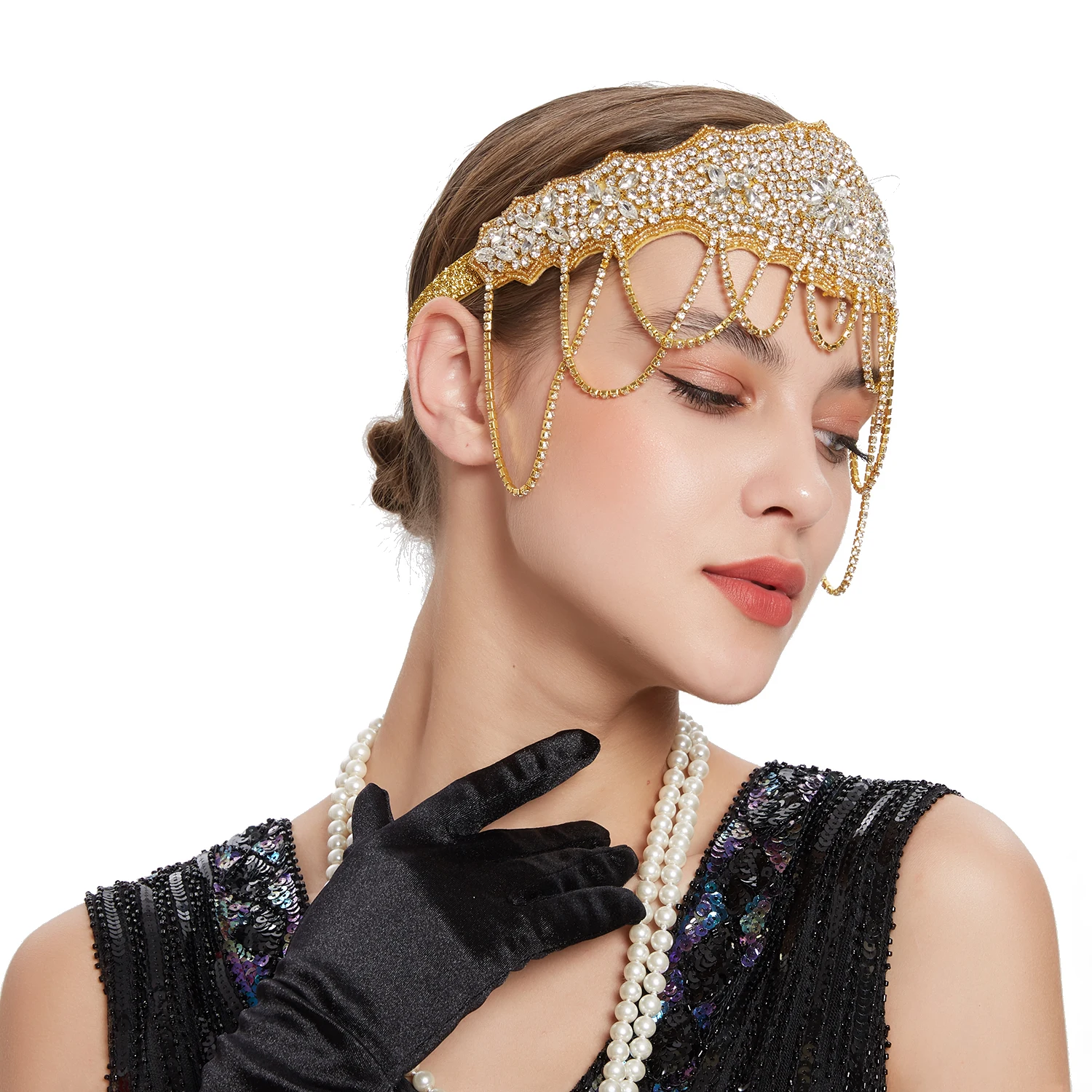 Deluxe Retro Bride Headband Regina Pearl Hair Chains Rhinestone Fringe Tassel Perfect Headpieces Headdress Hair Ornaments Female