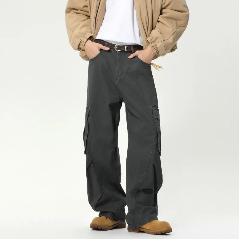 

KIDWHXR Men Trousers American High Street Loose Casual Male Cargo Pant Simple Solid Color Mid Waist Washed Man Denim Pant