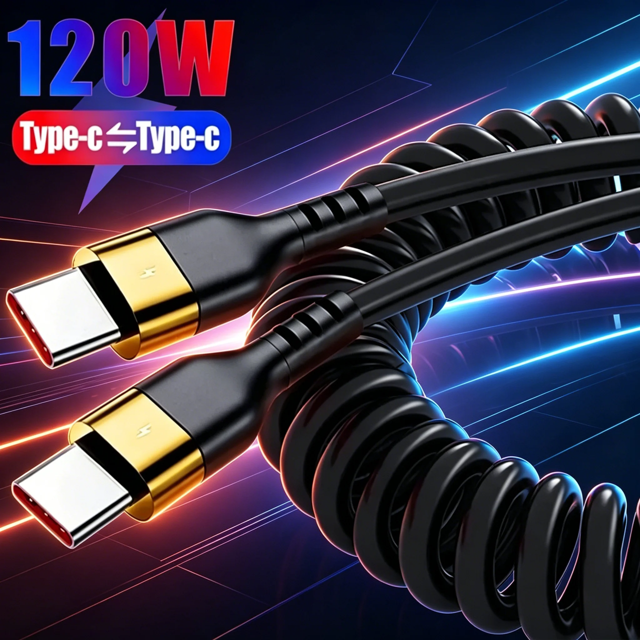 6A 120W PD Spring USB-C Charging Cable Type-C Quick Charge Data Cord Anti-Tangle Line for iPhone Xiaomi Samsung Car Home Office