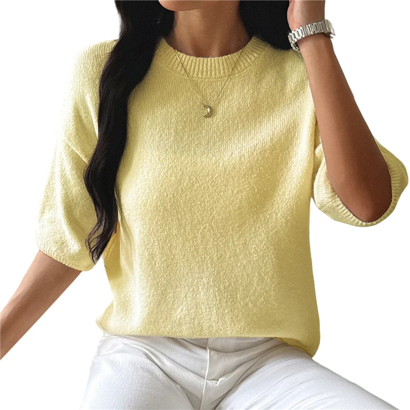 

ABRT-Womens Summer Short Sleeve Crew Neck Light-Weight Pullover Sweaters Loose Dressy Casual Blouse Clothes