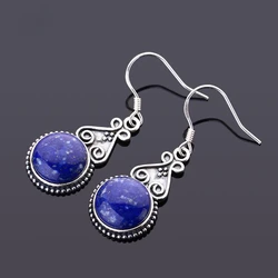 S925 Silver Drop Earring 10MM Round Lapis Lazuli Blue Pendant Earrings Engagement Wedding Women Fine Jewelri