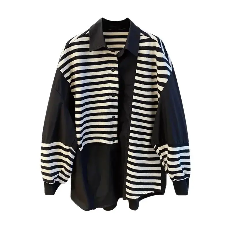 

Spring Autumn Large Size Fake Two Pieces Shirt Women 2024 New Fashion Loose Leisure Tops Stripe Button Black Blouse Female