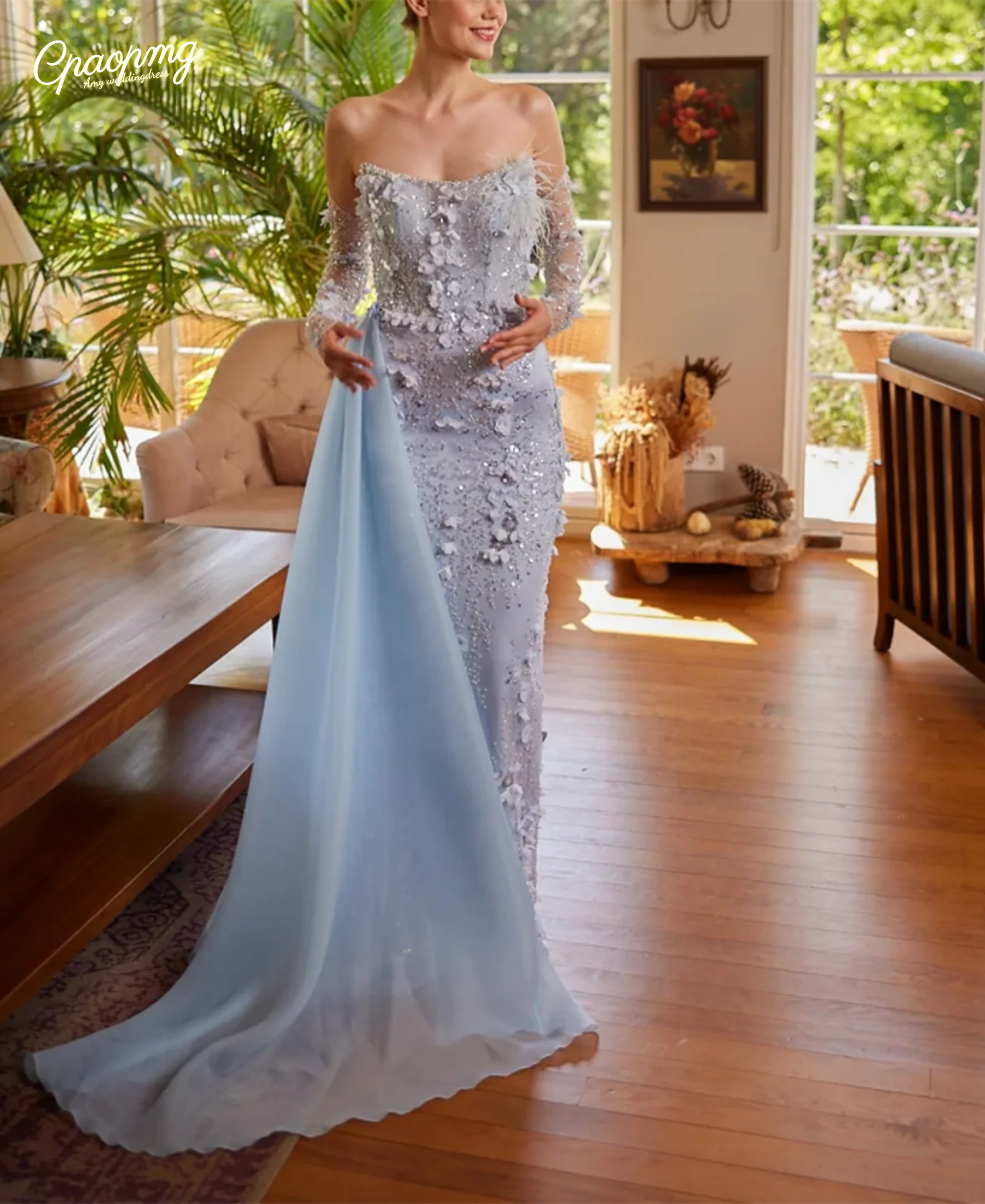 

Customized Exqusite Blue Flowers Mermaid Women Evening Gowns Elegant Strapless Long Sleeves Wedding Party Drerss Formal Evening