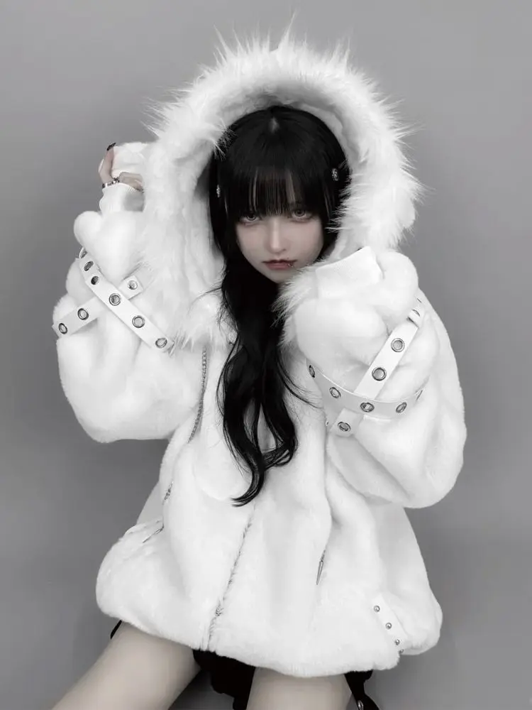

Autumn Winter Japanese Oversized Warm Soft White Faux Fur Coat Women with Hood Harajuku Vintage Y2K Fluffy Jacket Streetwear