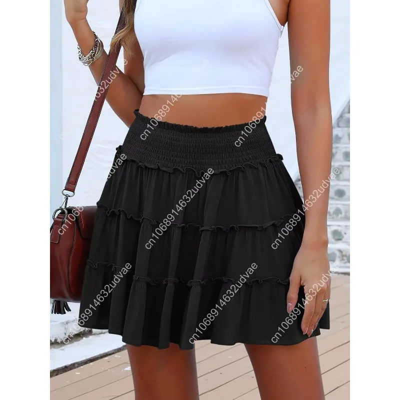 Caracilia Damen Sommer fließende Miniröcke, hohe Taille, Rüschen, gestuft, lässig, niedlich, Boho-Strand, kurze Röcke, integrierte Shorts