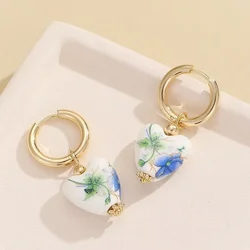 New Year's Gift Blue and White Porcelain Teapot Pendant Earrings Vintage Ceramic Heart shaped Pearl Pendant Earrings Stainless S