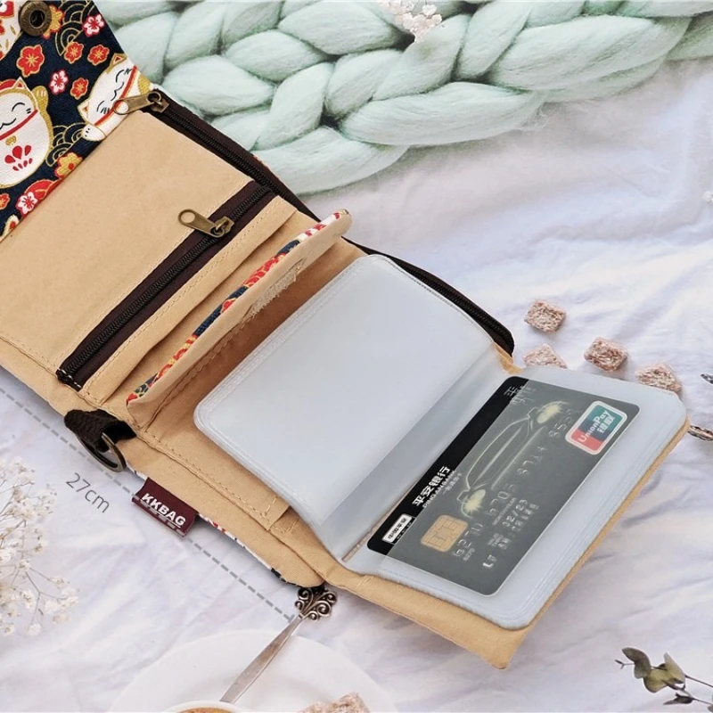 Creative Cartoon Printed Three Fold Denim Canvas Coin Purse with Large Capacity Card Bag