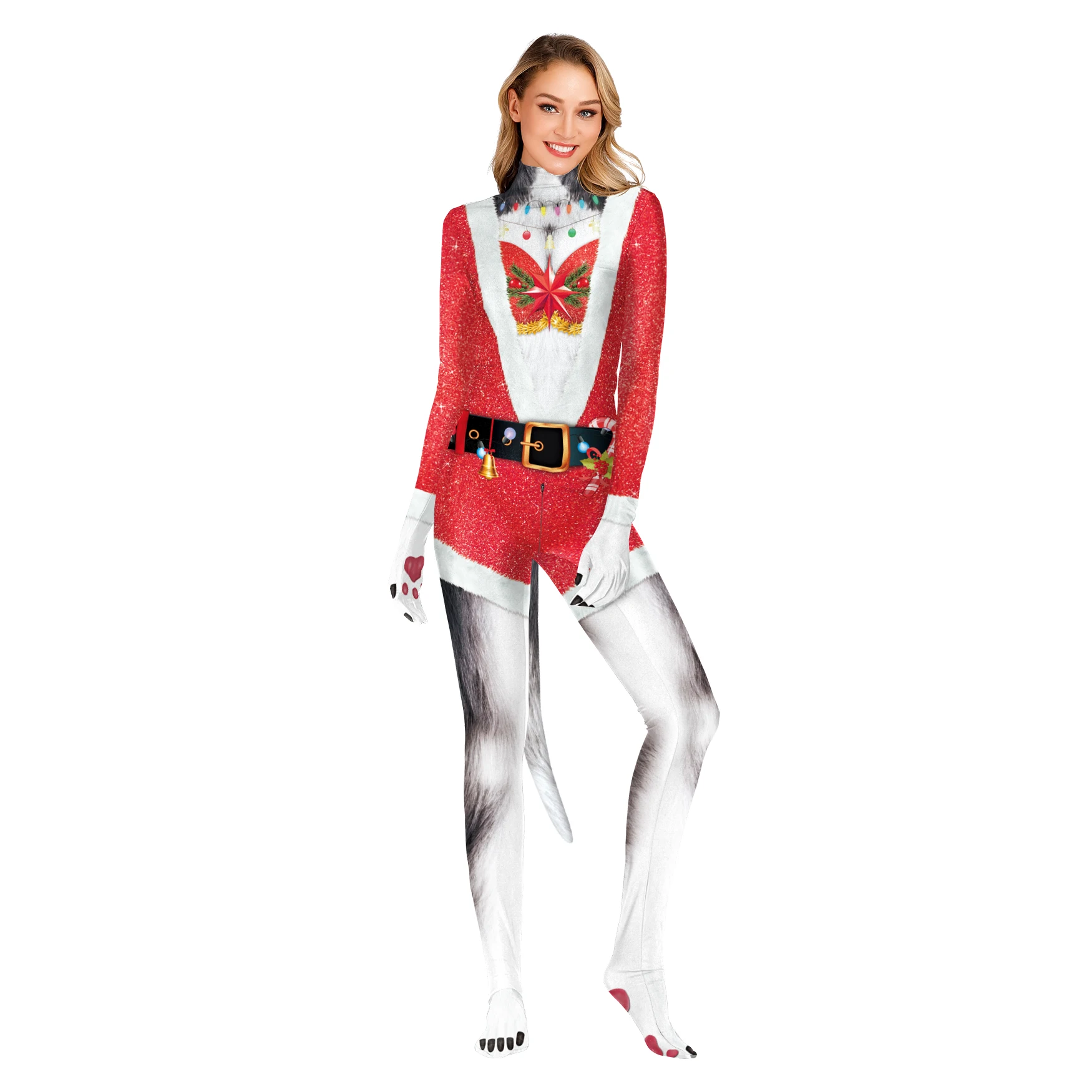 Christmas Santa Women/men Jumpsuit Cosplay Zentai Bodysuit Women 3D Printing Clothes Suit Petsuit Animal Costume with Tail